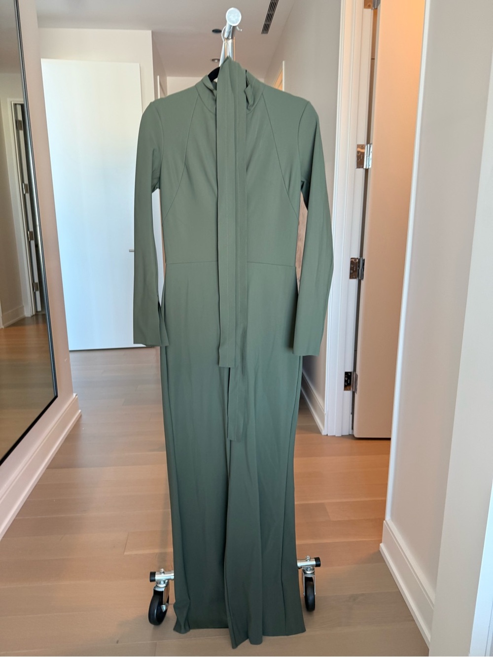 Women's Olive Green Long Sleeve Tie-Neck Jumpsuit